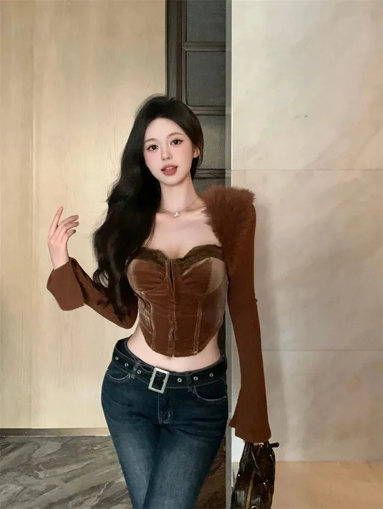 Vevesc Vintage Sexy Crop Top Slim Fit Velvet Vest for Women  Y2k Long Sleeve Knitted Cardigan Early Autumn New Two Piece Sets