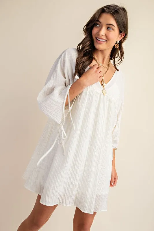 White Adjustable Shirred Sleeve Dress