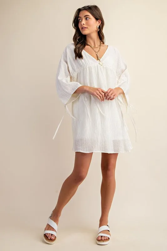 White Adjustable Shirred Sleeve Dress