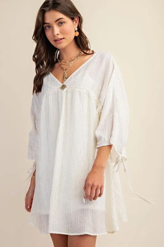 White Adjustable Shirred Sleeve Dress