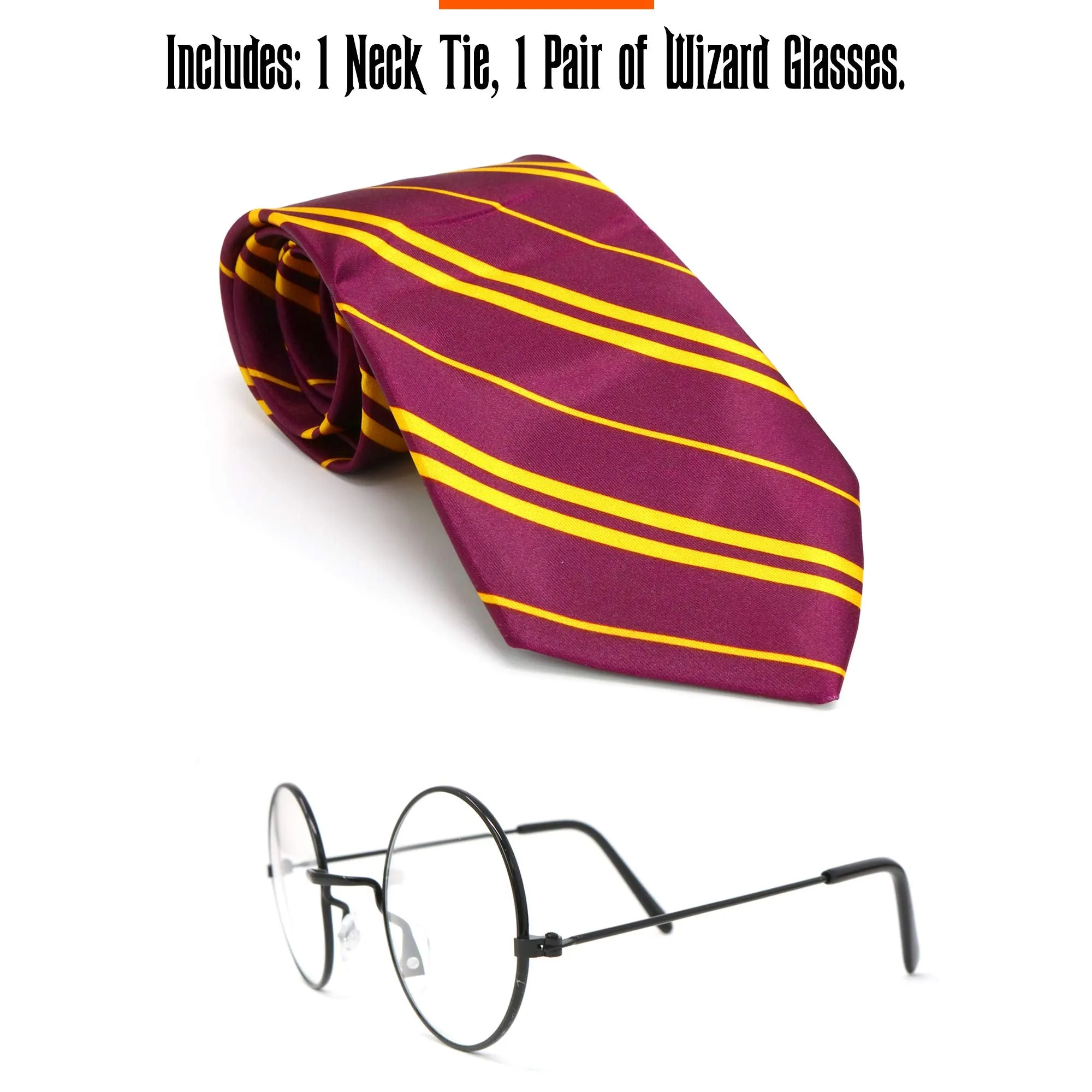 Wizard Glasses and Tie - Maroon and Gold Dress Up Tie and Black Round Glasses Set - 1 Pair