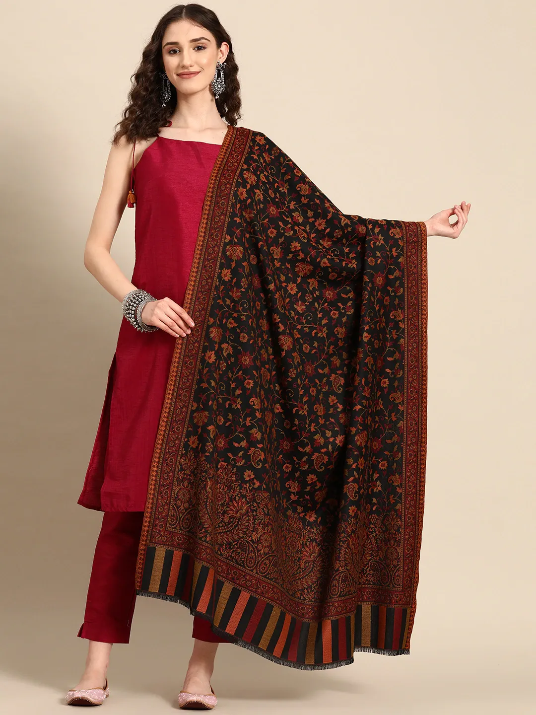 Women Black Floral Woven Design Ethnic Jamawar Shawl