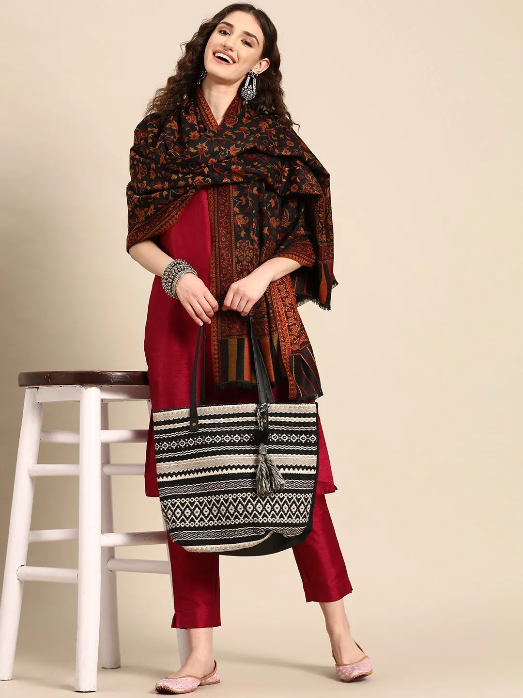 Women Black Floral Woven Design Ethnic Jamawar Shawl