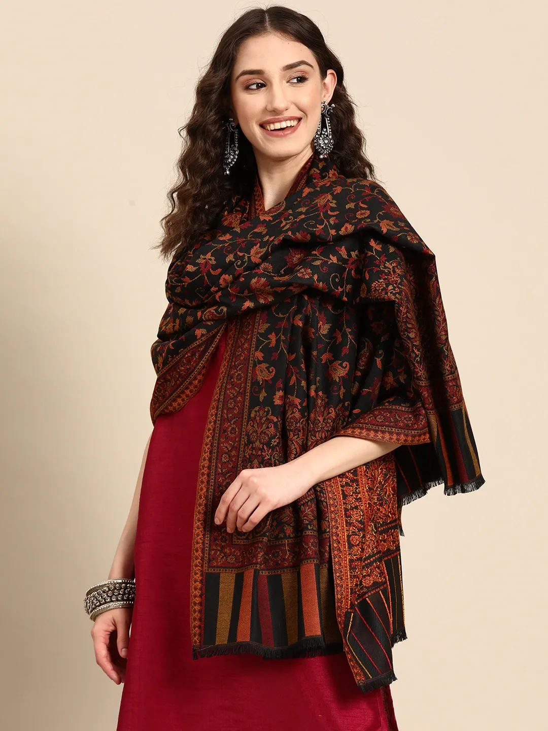 Women Black Floral Woven Design Ethnic Jamawar Shawl