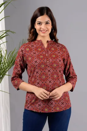 Women Maroon Cotton Printed Tunic