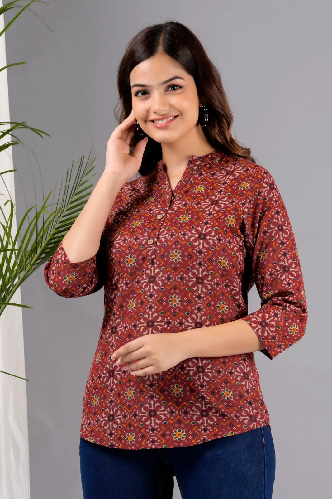 Women Maroon Cotton Printed Tunic