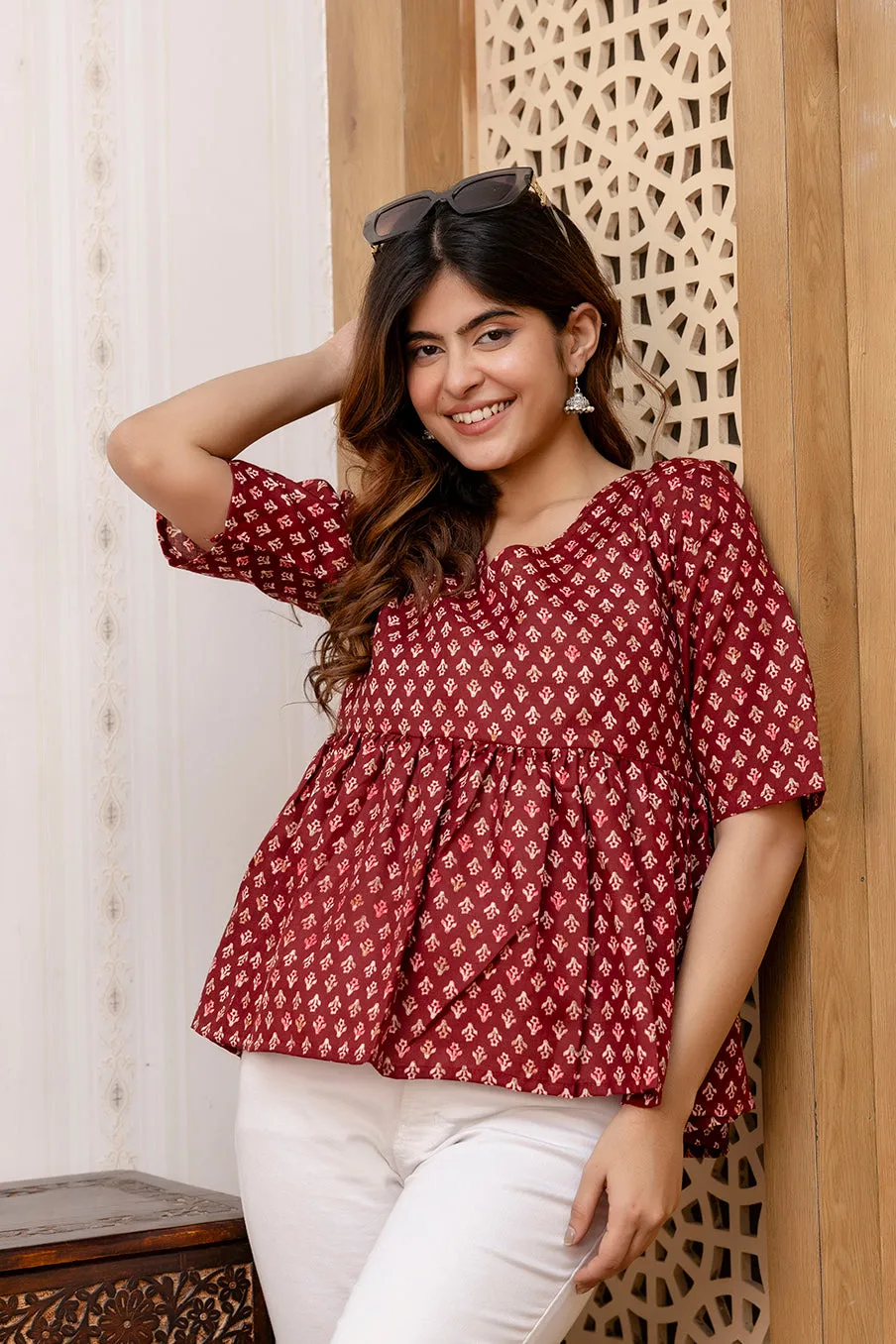 Women Maroon Printed V-Neck Peplum Tunic