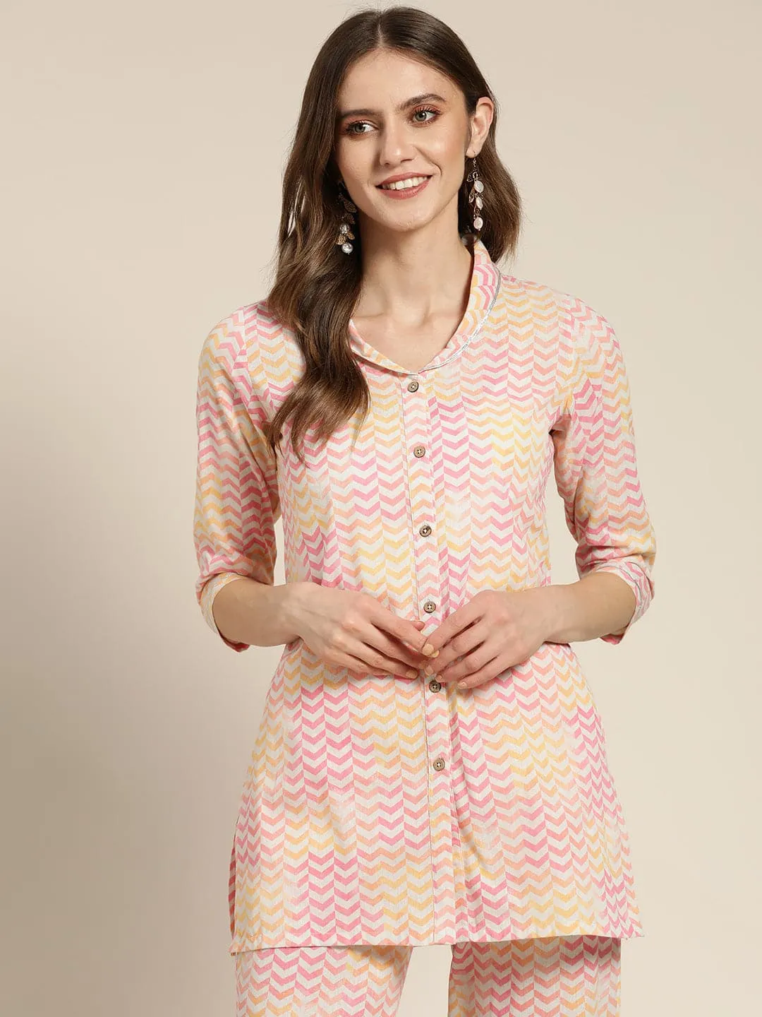 Women Pink Chevron Sustainable Shawl Collar Top