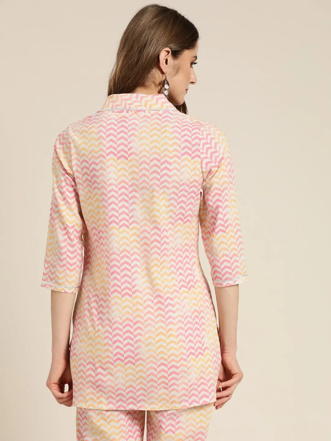 Women Pink Chevron Sustainable Shawl Collar Top