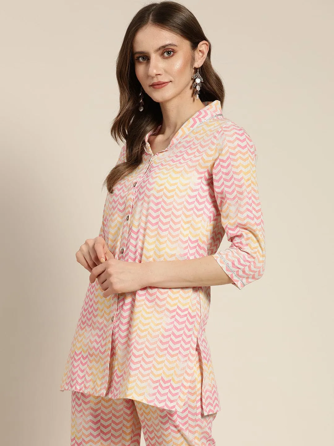 Women Pink Chevron Sustainable Shawl Collar Top