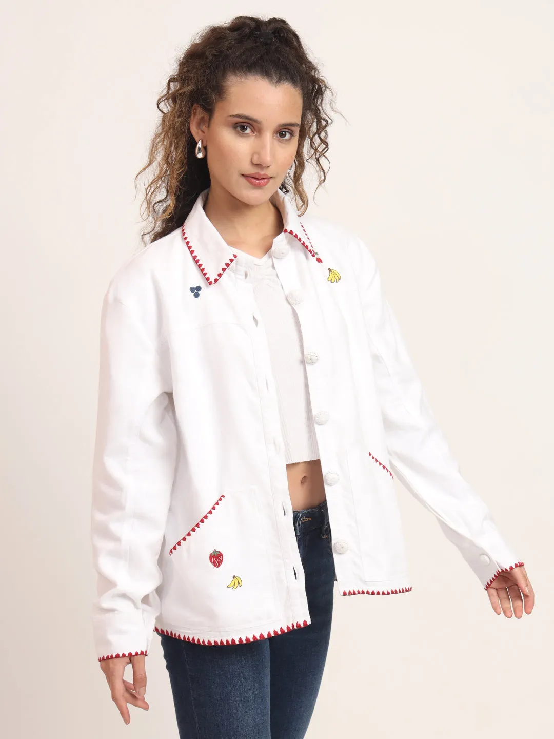 Women Spread Collar Embroidered Cotton Casual Tailored Jacket