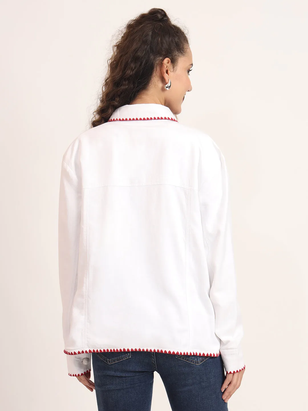 Women Spread Collar Embroidered Cotton Casual Tailored Jacket