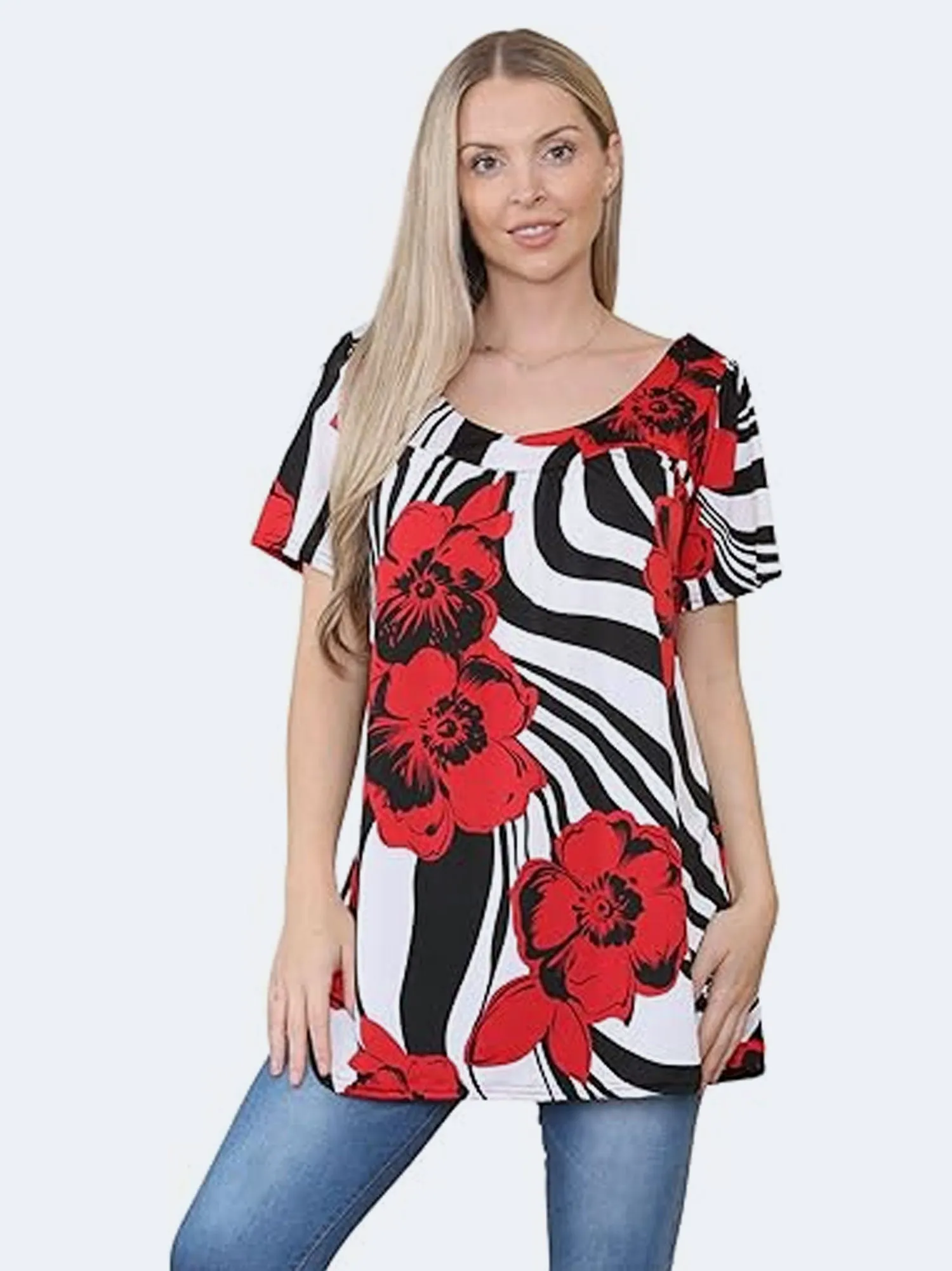 Womens Floral Print Scoop Neckline Smock Top