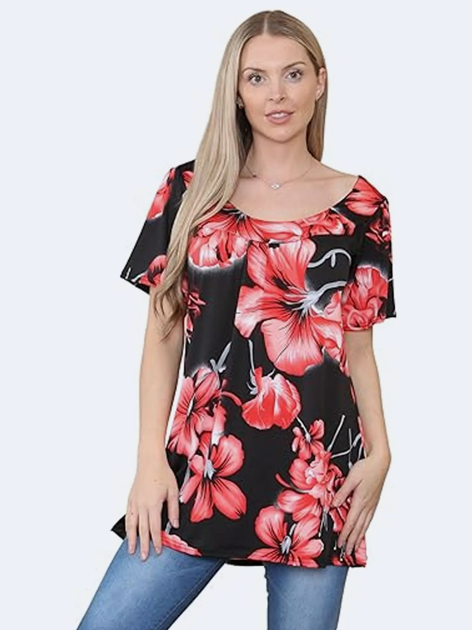 Womens Floral Print Scoop Neckline Smock Top