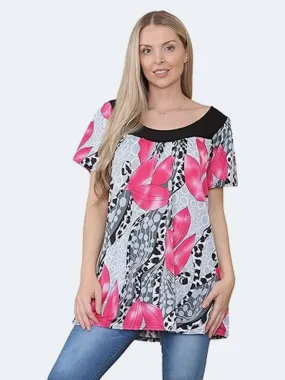 Womens Floral Print Scoop Neckline Smock Top