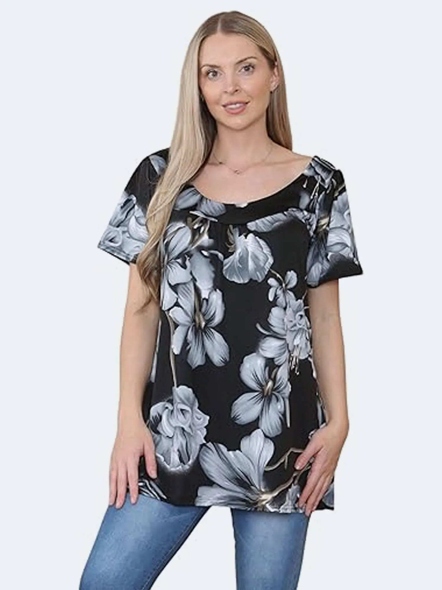 Womens Floral Print Scoop Neckline Smock Top