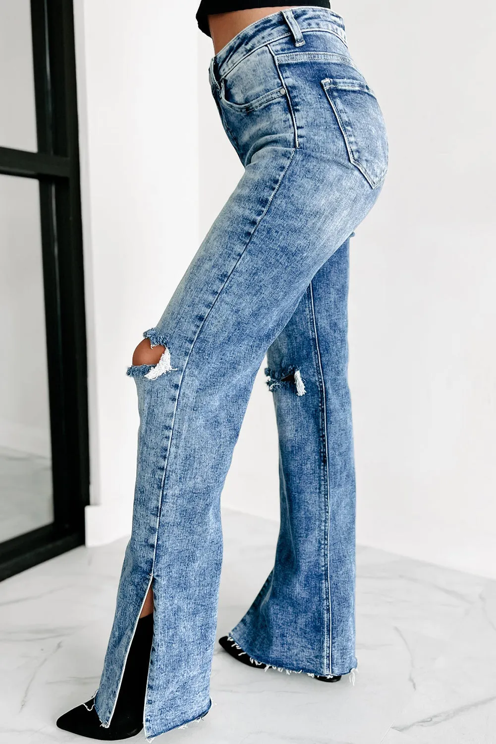 Women's Mid Waist Straight Leg Jeans Vintage Distressed Denim Pants with Split Hem