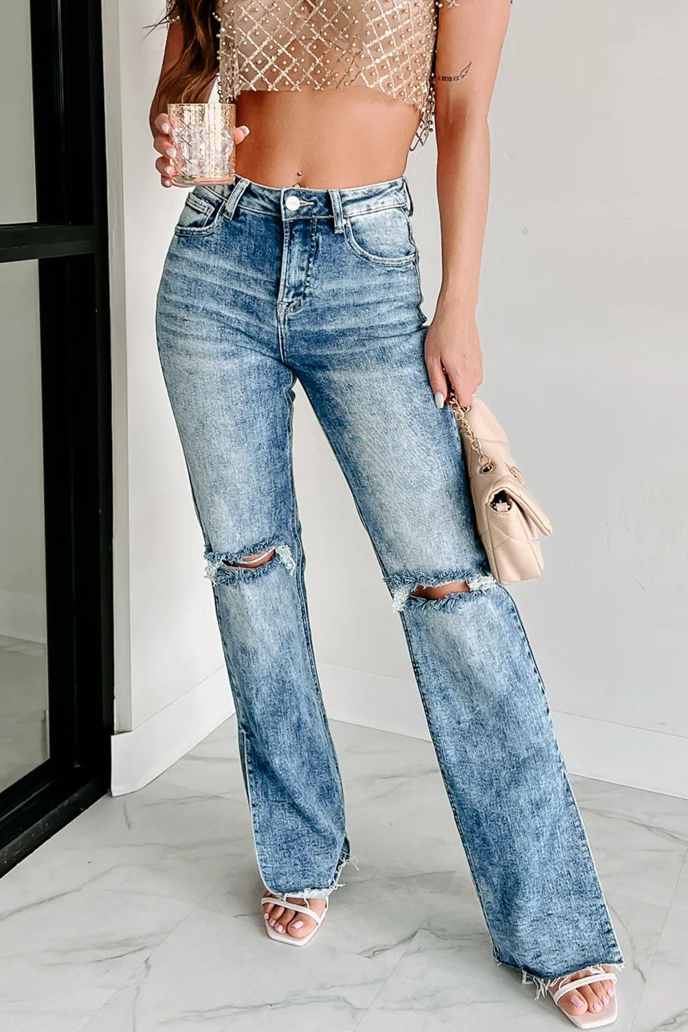 Women's Mid Waist Straight Leg Jeans Vintage Distressed Denim Pants with Split Hem