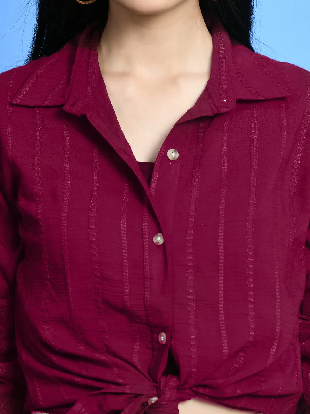 Women's Vertical Striped Casual Magenta Shirt