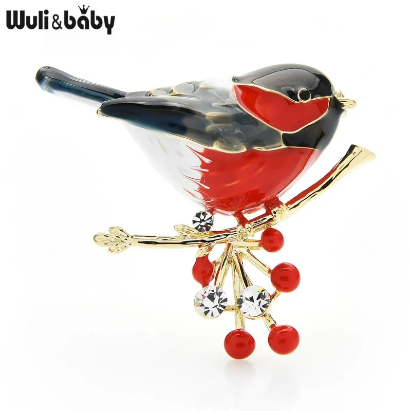 Wuli&baby 2021 Multicolor Bird Brooch Pins Quality Enamel Ainmal Brooches New Year Designer Jewelry Gift Pyrrhula pyrrhula